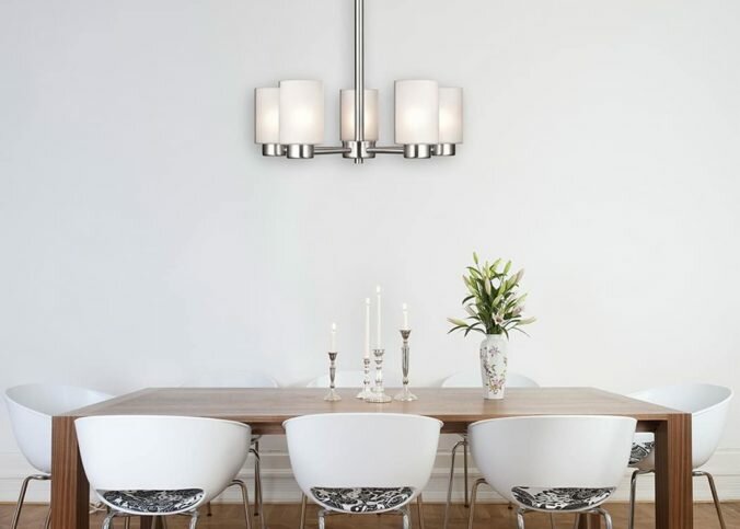 Five-Light Interior Chandelier, Brushed Nickel Finish with Frosted Seeded Glass