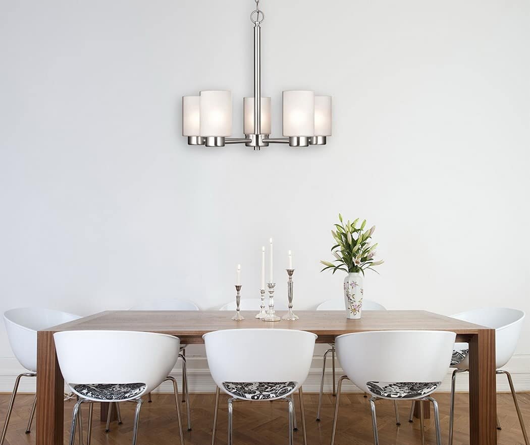 Five-Light Interior Chandelier, Brushed Nickel Finish with Frosted Seeded Glass