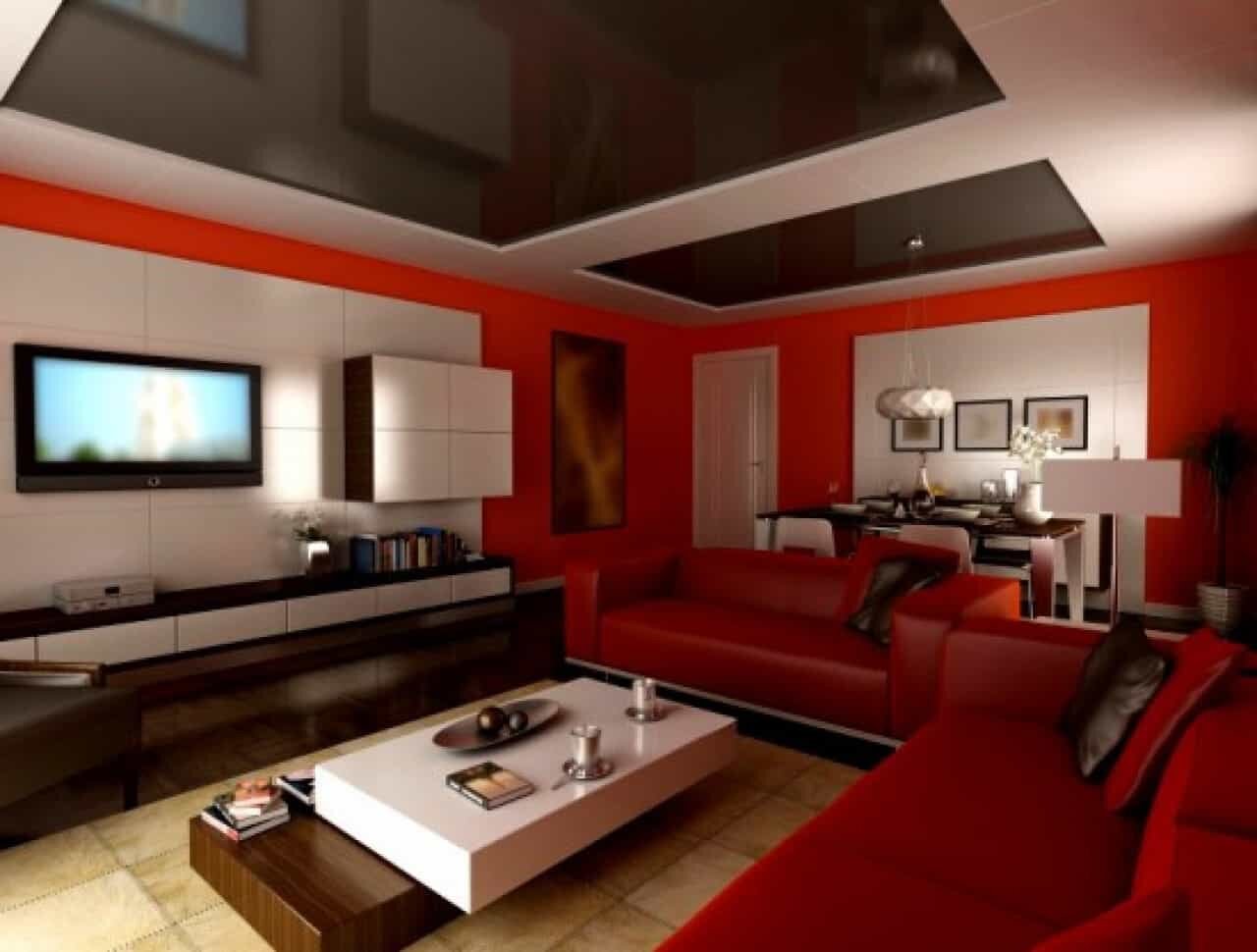 Modern Red Living Room Paint Ideas With Mirrored Glass Ceiling