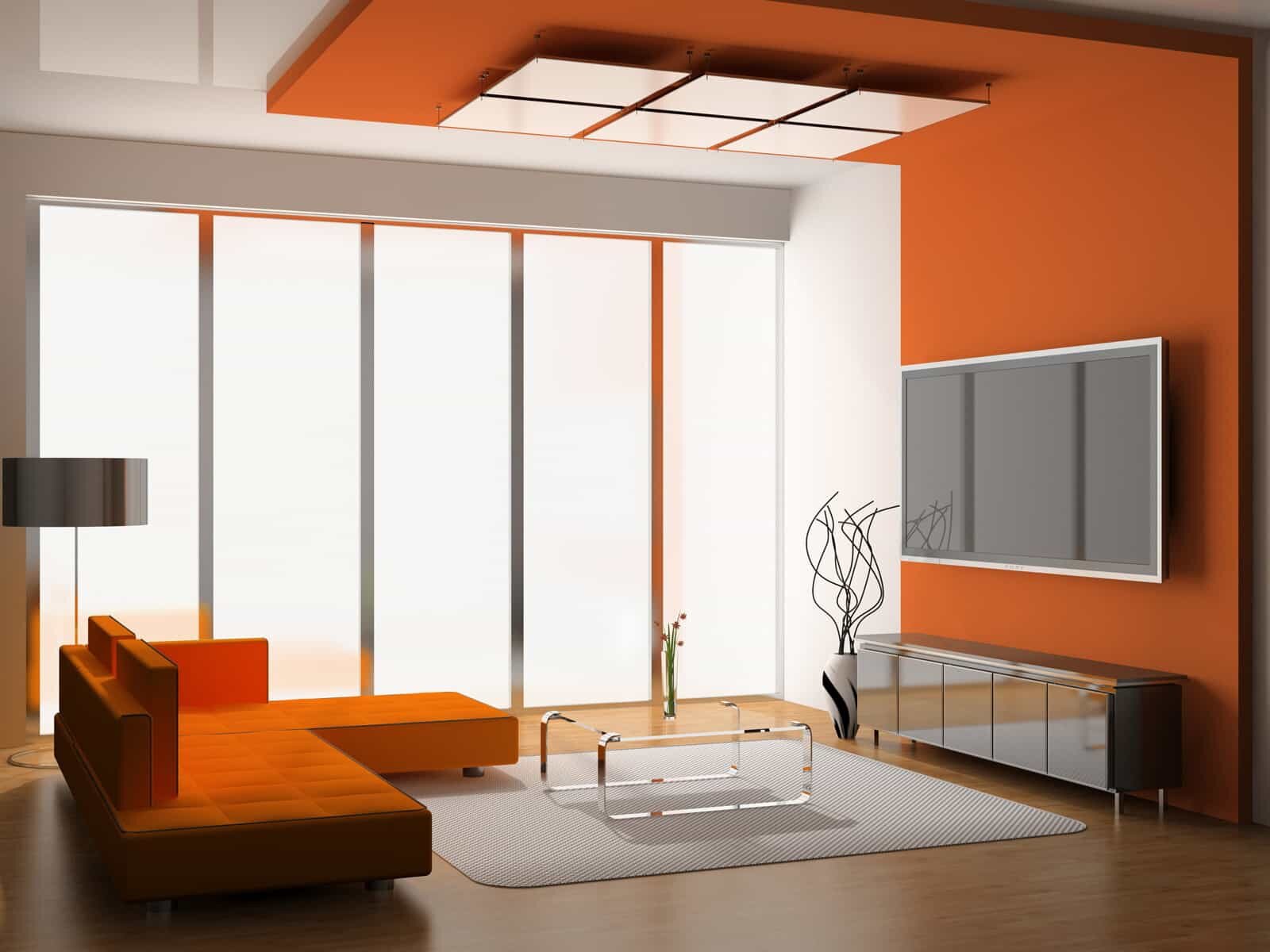 Orange and White Scheme Color Ideas for Living Room Decorating with Warm Orange Modular Fabric L Sofa